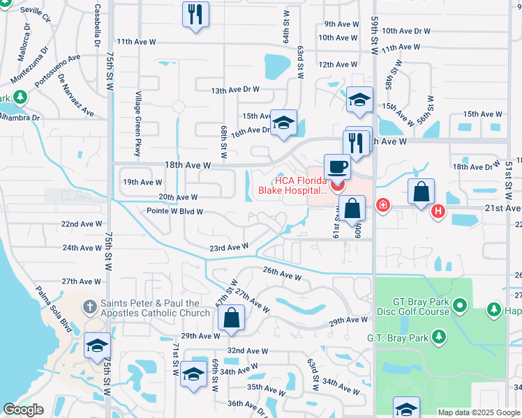 map of restaurants, bars, coffee shops, grocery stores, and more near 6111 Walnut Street in Bradenton