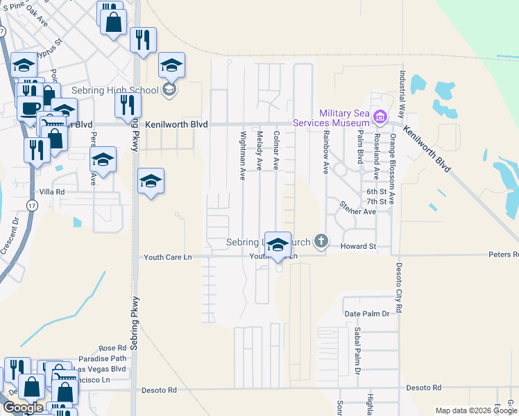 map of restaurants, bars, coffee shops, grocery stores, and more near 1901 Melady Avenue in Sebring