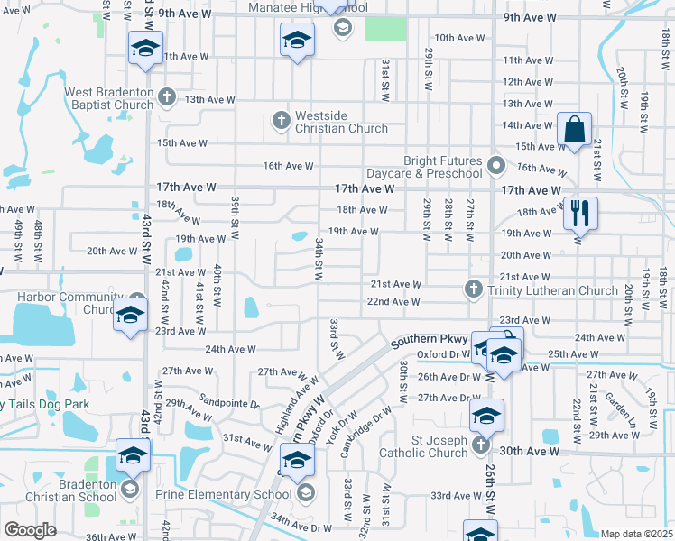 map of restaurants, bars, coffee shops, grocery stores, and more near 3211 21st Avenue Drive West in Bradenton