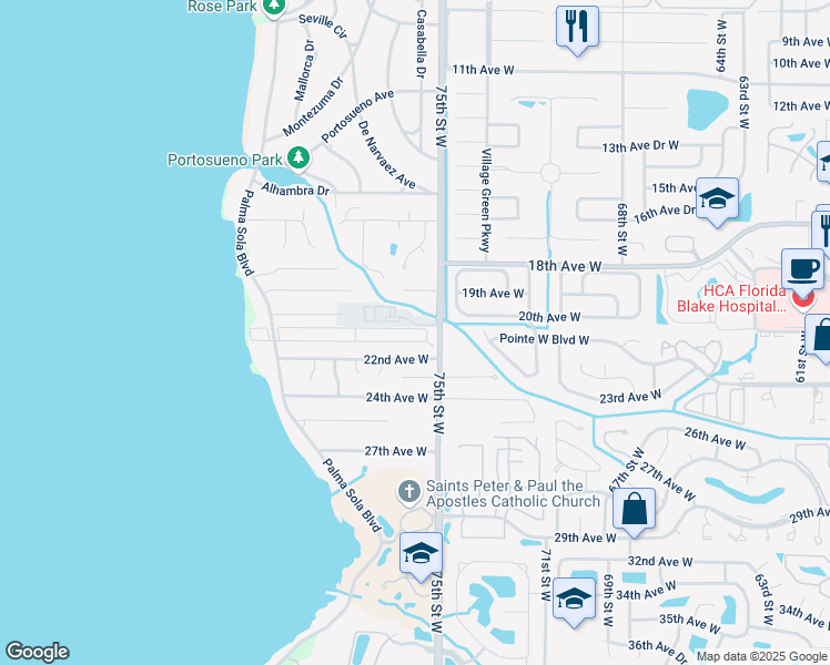 map of restaurants, bars, coffee shops, grocery stores, and more near 28 Velverde Drive in Bradenton