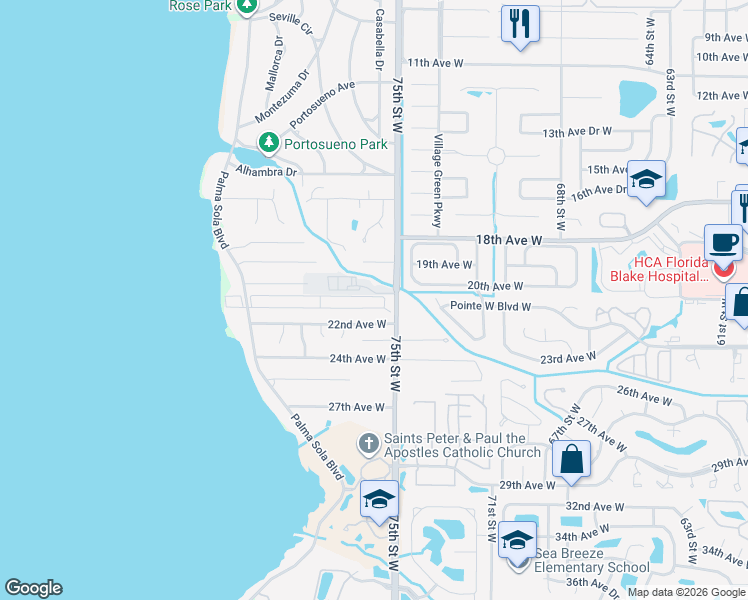 map of restaurants, bars, coffee shops, grocery stores, and more near 28 Velverde Drive in Bradenton