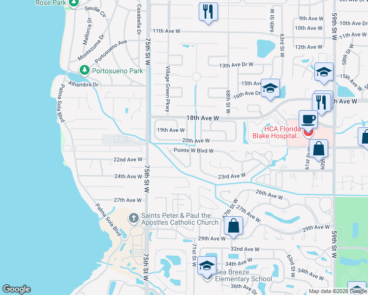map of restaurants, bars, coffee shops, grocery stores, and more near 7204 Pointe West Boulevard West in Bradenton