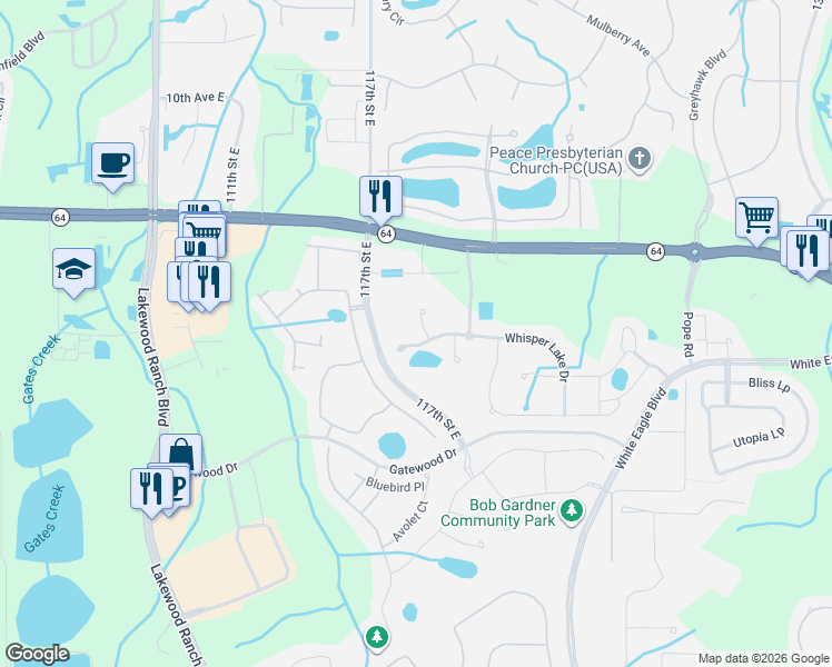 map of restaurants, bars, coffee shops, grocery stores, and more near 1830 Lake George Cove in Bradenton