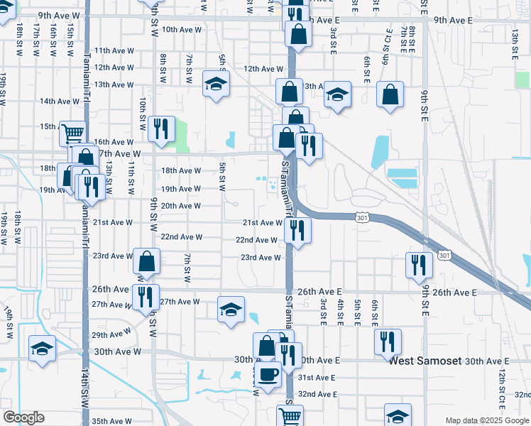 map of restaurants, bars, coffee shops, grocery stores, and more near 210 21st Avenue West in Bradenton