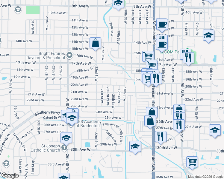 map of restaurants, bars, coffee shops, grocery stores, and more near 2005 20th Street West in Bradenton
