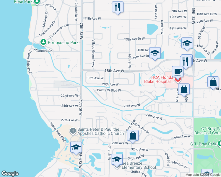 map of restaurants, bars, coffee shops, grocery stores, and more near 7001 20th Avenue West in Bradenton