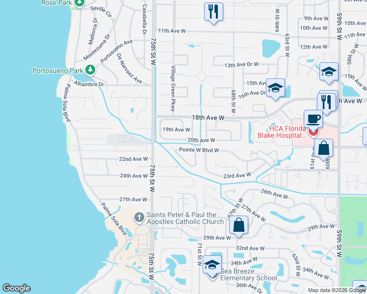 map of restaurants, bars, coffee shops, grocery stores, and more near 7204 Pointe West Boulevard West in Bradenton