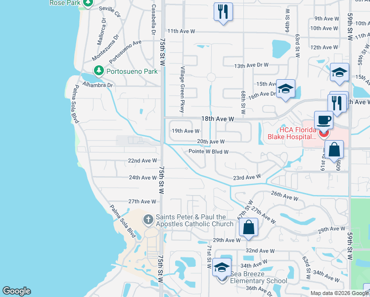 map of restaurants, bars, coffee shops, grocery stores, and more near 7214 Pointe West Boulevard West in Bradenton
