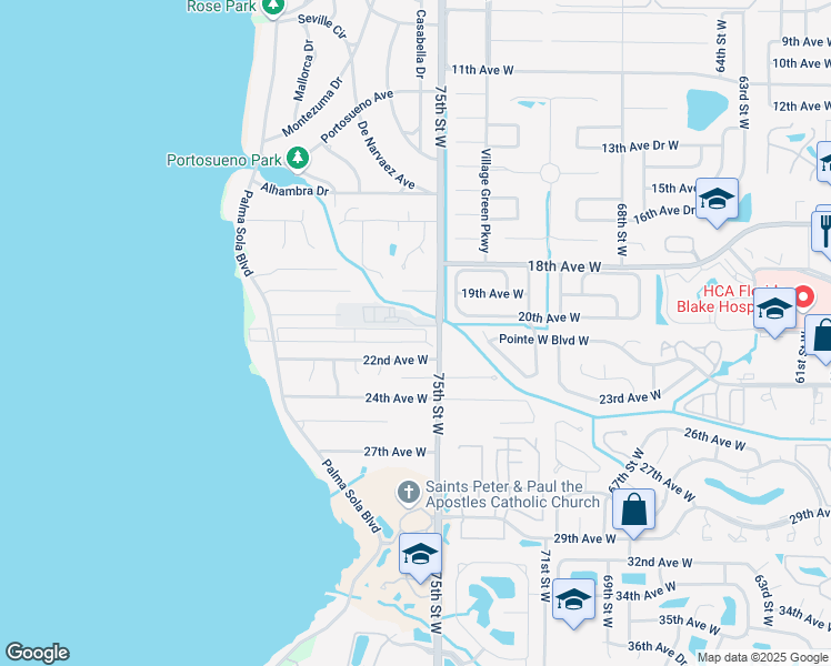 map of restaurants, bars, coffee shops, grocery stores, and more near 28 Velverde Drive in Bradenton