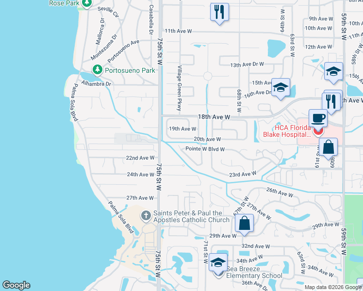 map of restaurants, bars, coffee shops, grocery stores, and more near 7214 Pointe West Boulevard West in Bradenton