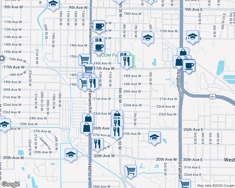 map of restaurants, bars, coffee shops, grocery stores, and more near 2000 9th Street West in Bradenton