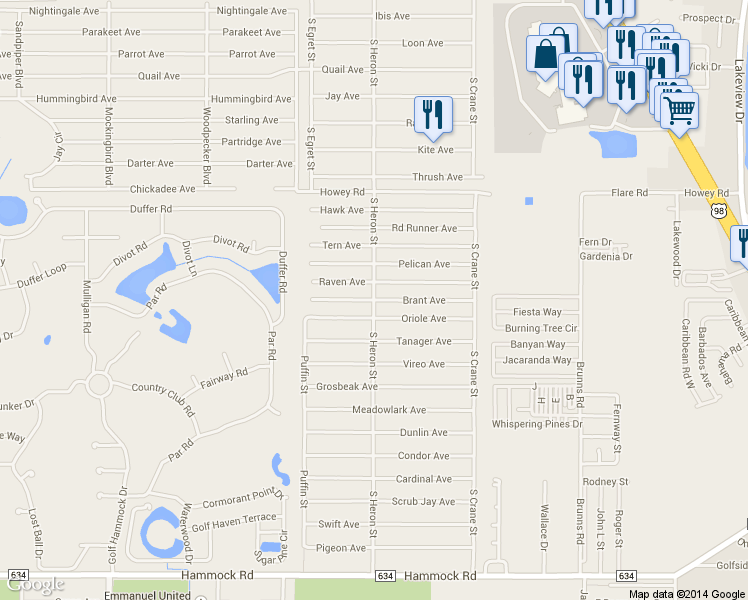 map of restaurants, bars, coffee shops, grocery stores, and more near S Heron St in Sebring