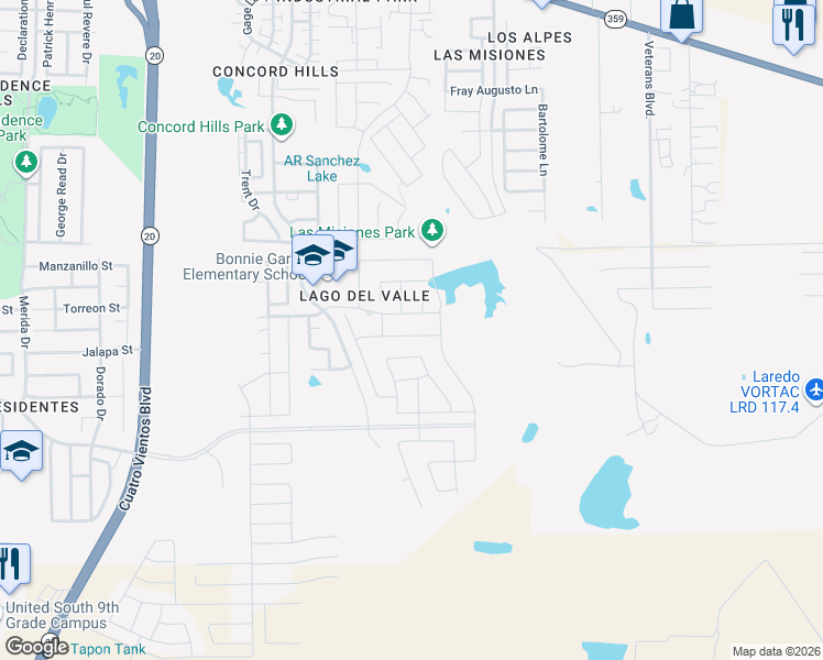 map of restaurants, bars, coffee shops, grocery stores, and more near 5530 Conroe Street in Laredo