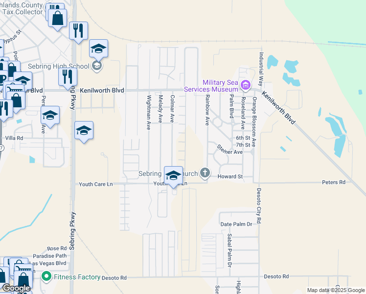 map of restaurants, bars, coffee shops, grocery stores, and more near 1820 Colmar Avenue in Sebring