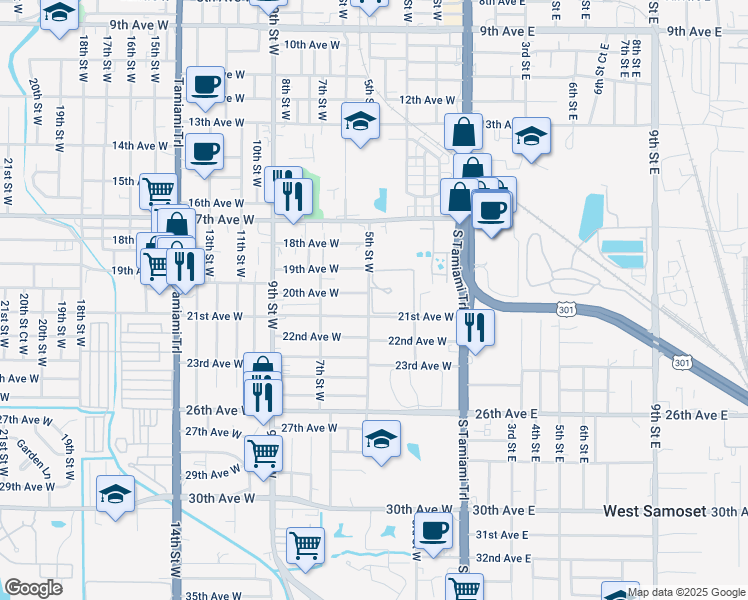 map of restaurants, bars, coffee shops, grocery stores, and more near 505 20th Avenue West in Bradenton