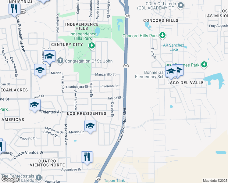 map of restaurants, bars, coffee shops, grocery stores, and more near 1909 Dorado Drive in Laredo