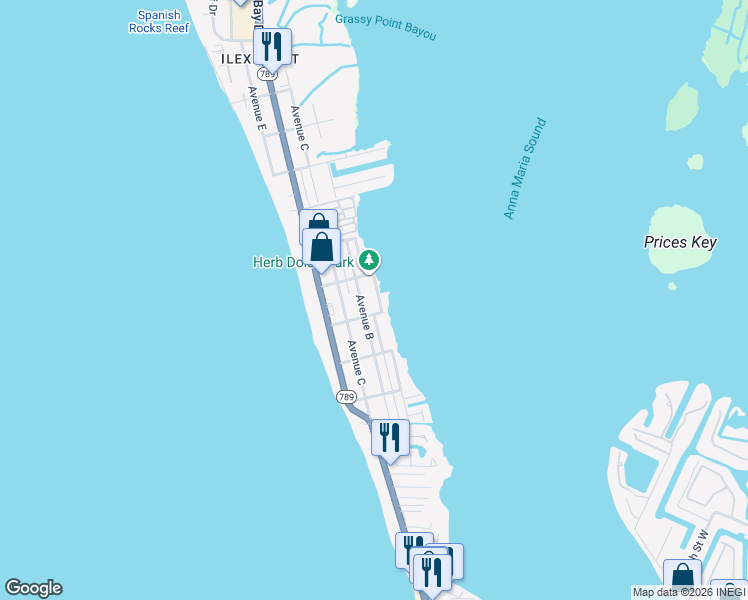 map of restaurants, bars, coffee shops, grocery stores, and more near 2406 Avenue A in Bradenton Beach