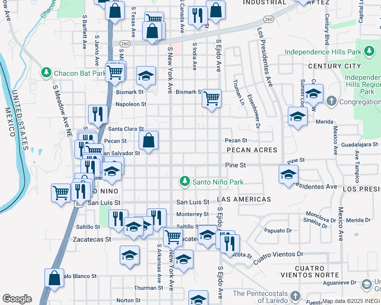 map of restaurants, bars, coffee shops, grocery stores, and more near 3008 San Salvador Street in Laredo