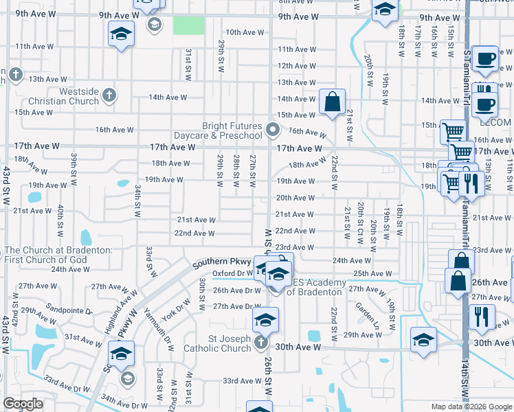 map of restaurants, bars, coffee shops, grocery stores, and more near 2009 27th Street West in Bradenton