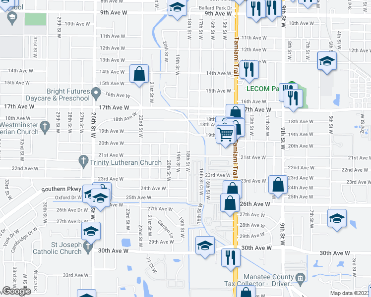 map of restaurants, bars, coffee shops, grocery stores, and more near 2004 18th Street West in Bradenton