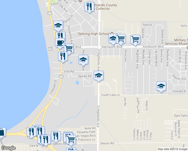 map of restaurants, bars, coffee shops, grocery stores, and more near 1220 Spinks Lane in Sebring
