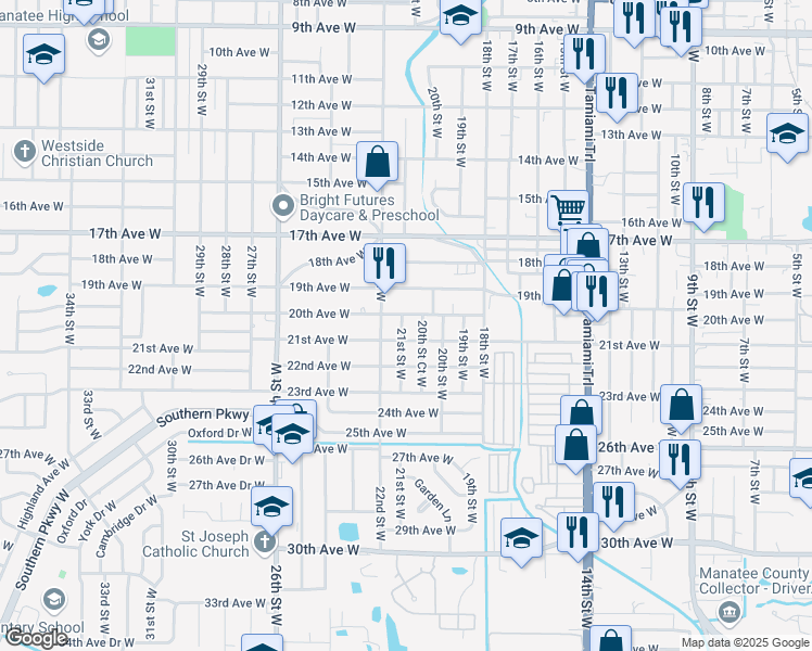 map of restaurants, bars, coffee shops, grocery stores, and more near 2003 21st Street West in Bradenton