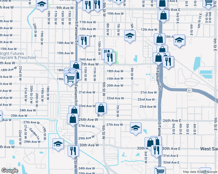 map of restaurants, bars, coffee shops, grocery stores, and more near 807 20th Avenue West in Bradenton