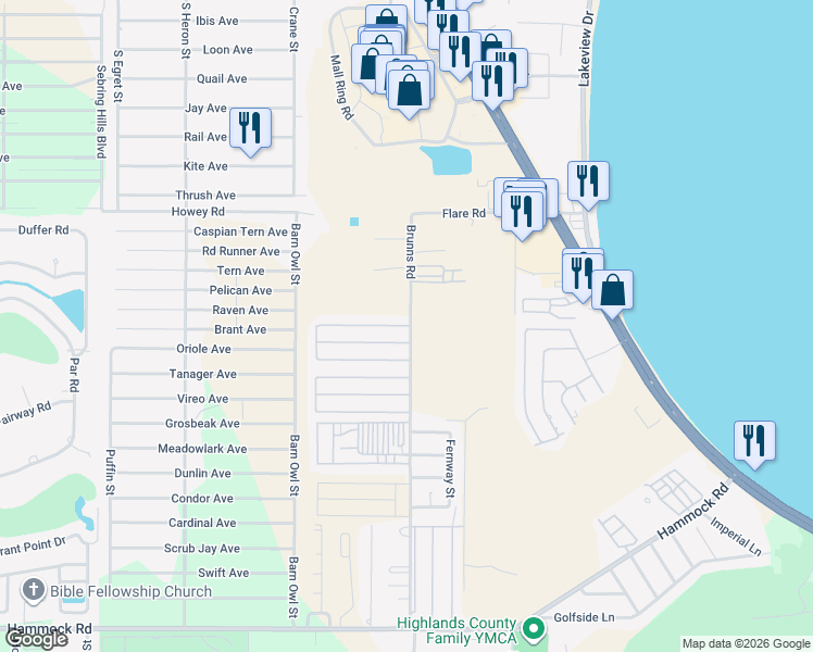 map of restaurants, bars, coffee shops, grocery stores, and more near 2101 Burning Tree Circle in Sebring