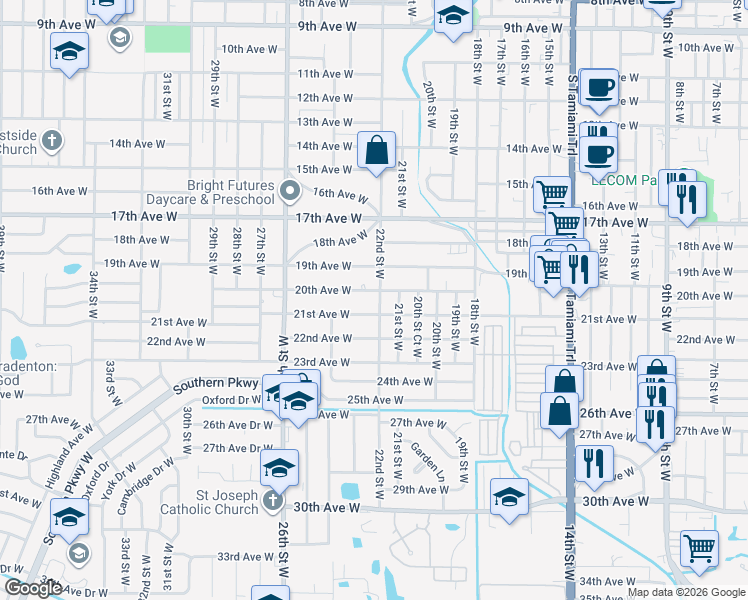 map of restaurants, bars, coffee shops, grocery stores, and more near 2014 22nd Street West in Bradenton