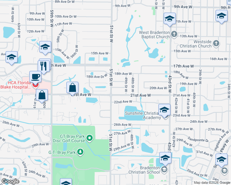 map of restaurants, bars, coffee shops, grocery stores, and more near 4916 21st Avenue West in Bradenton