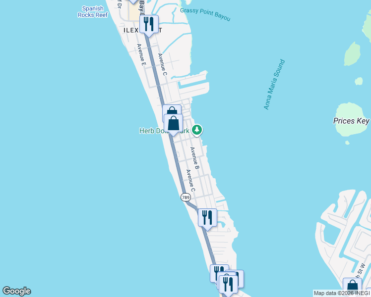 map of restaurants, bars, coffee shops, grocery stores, and more near 2412 Avenue C in Bradenton Beach