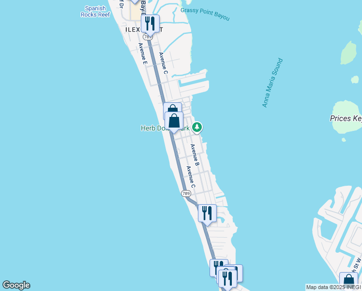 map of restaurants, bars, coffee shops, grocery stores, and more near 2412 Avenue C in Bradenton Beach
