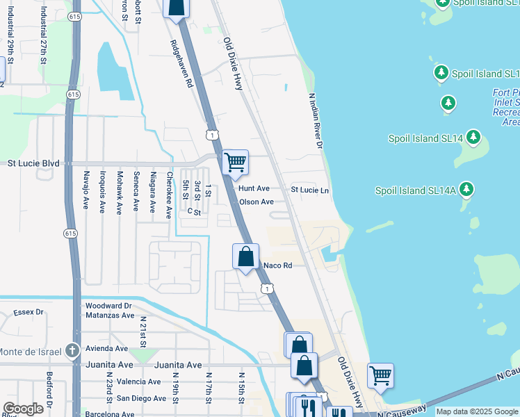 map of restaurants, bars, coffee shops, grocery stores, and more near 227 Olson Avenue in Fort Pierce