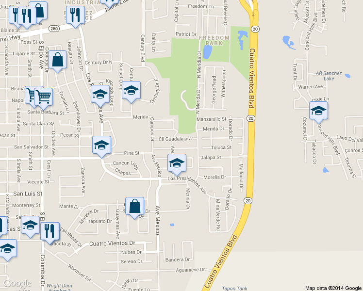 map of restaurants, bars, coffee shops, grocery stores, and more near 4008 Calle Puebla in Laredo