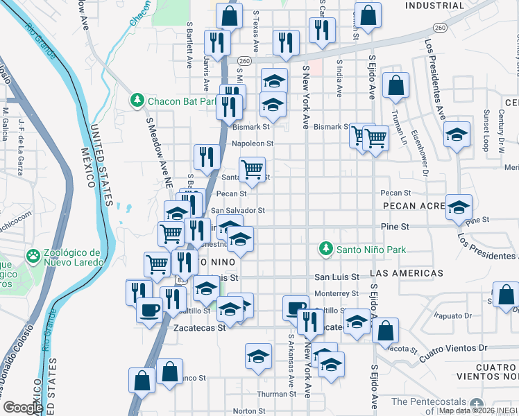 map of restaurants, bars, coffee shops, grocery stores, and more near 2602 San Salvador Street in Laredo