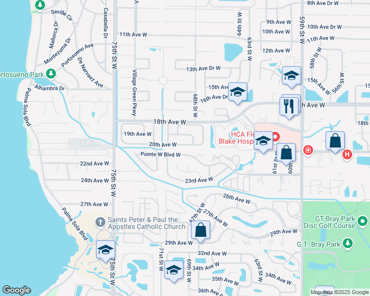 map of restaurants, bars, coffee shops, grocery stores, and more near 6809 20th Avenue West in Bradenton