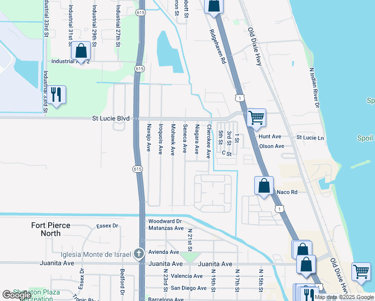 map of restaurants, bars, coffee shops, grocery stores, and more near 2644 Seneca Avenue in Fort Pierce