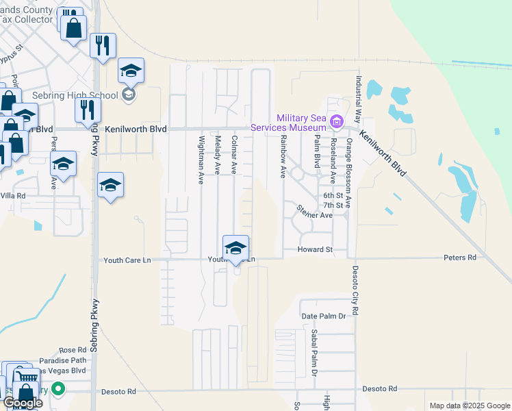 map of restaurants, bars, coffee shops, grocery stores, and more near 1478 Las Villas Boulevard in Sebring