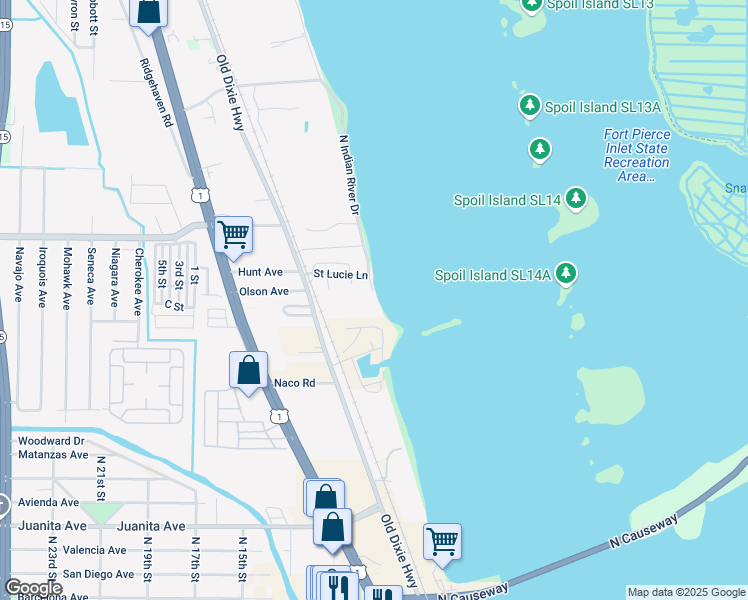 map of restaurants, bars, coffee shops, grocery stores, and more near 2505 North Indian River Drive in Fort Pierce