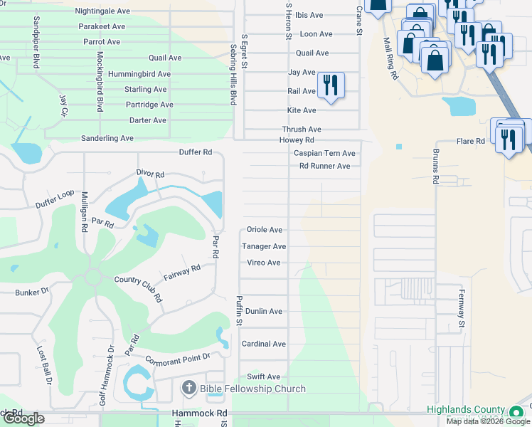 map of restaurants, bars, coffee shops, grocery stores, and more near 325 Brant Ave in Sebring