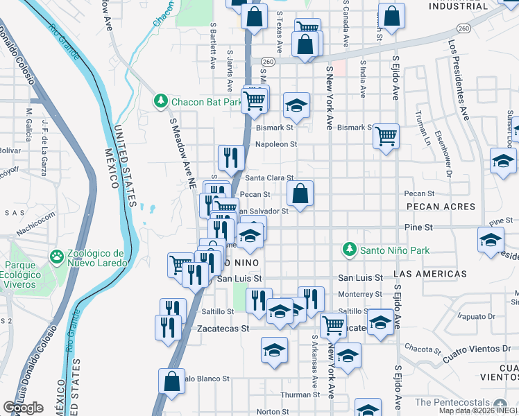 map of restaurants, bars, coffee shops, grocery stores, and more near 2418 San Salvador Street in Laredo