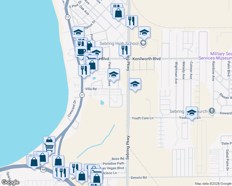map of restaurants, bars, coffee shops, grocery stores, and more near 3126 Spinks Road in Sebring