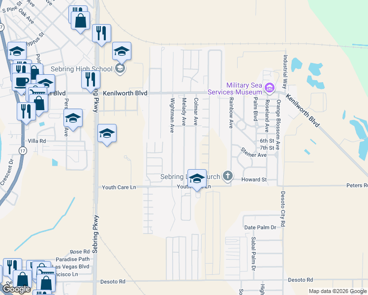 map of restaurants, bars, coffee shops, grocery stores, and more near 1901 Melady Avenue in Sebring