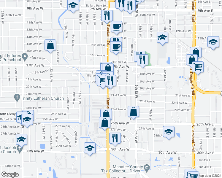 map of restaurants, bars, coffee shops, grocery stores, and more near 1925 14th Street West in Bradenton