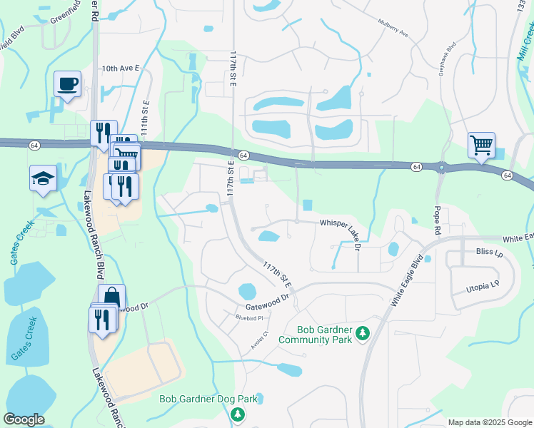 map of restaurants, bars, coffee shops, grocery stores, and more near Lake George Cove in Bradenton