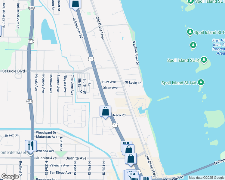 map of restaurants, bars, coffee shops, grocery stores, and more near 227 Olson Avenue in Fort Pierce