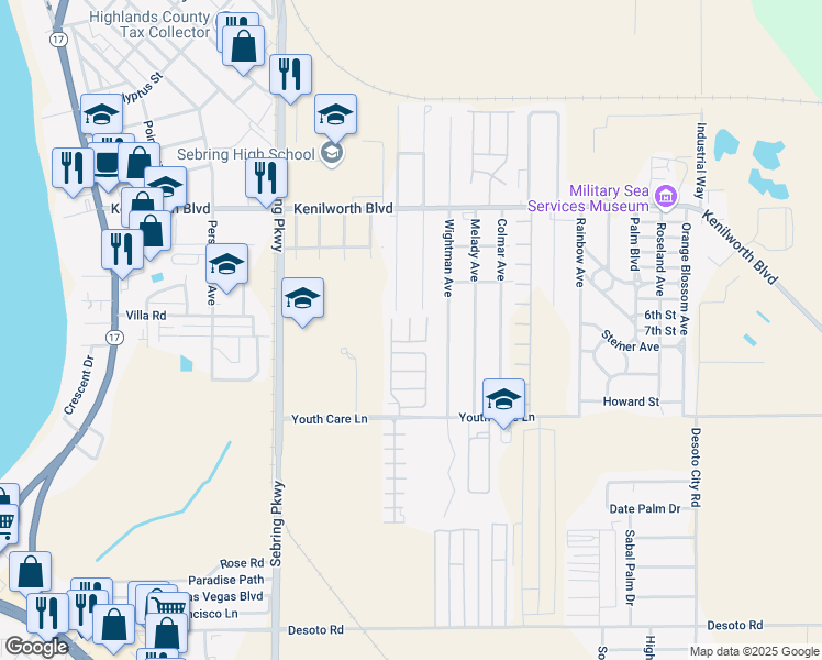 map of restaurants, bars, coffee shops, grocery stores, and more near Park Crest Terrace in Sebring