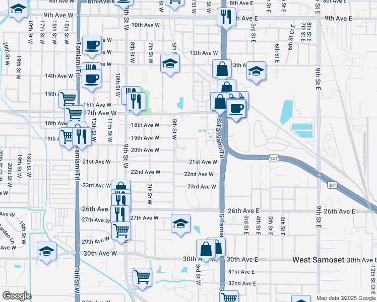 map of restaurants, bars, coffee shops, grocery stores, and more near 2001 5th Street West in Bradenton