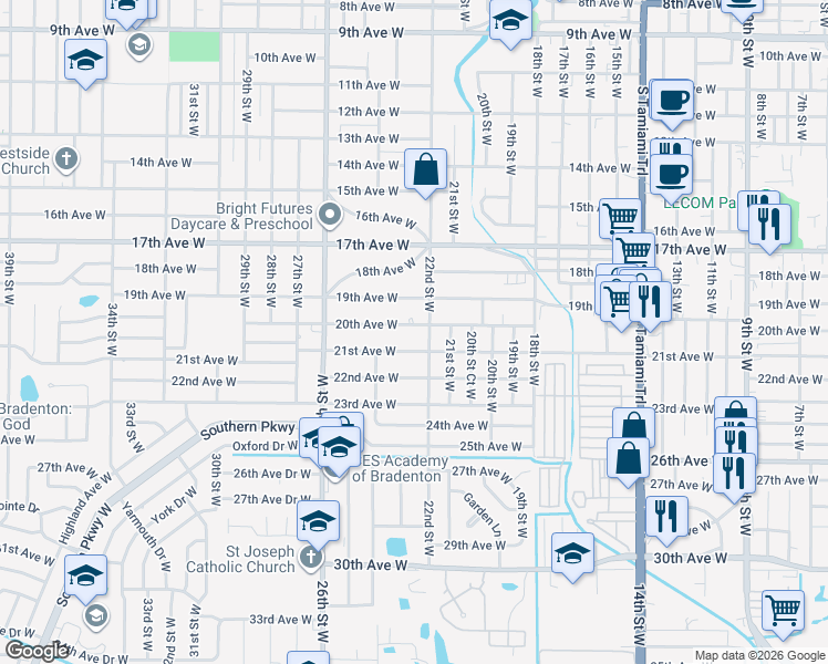 map of restaurants, bars, coffee shops, grocery stores, and more near 2211 20th Avenue West in Bradenton