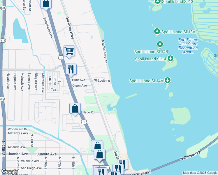 map of restaurants, bars, coffee shops, grocery stores, and more near 2505 North Indian River Drive in Fort Pierce